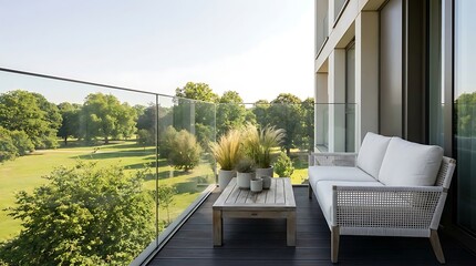 Fototapeta premium Modern apartment balcony with stylish outdoor furniture overlooking a lush green park on a bright sunny day, offering a tranquil urban escape and serene views