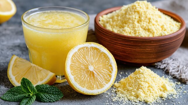 Freshly squeezed citrus beverage accompanied by lemon slices and powdery zest.