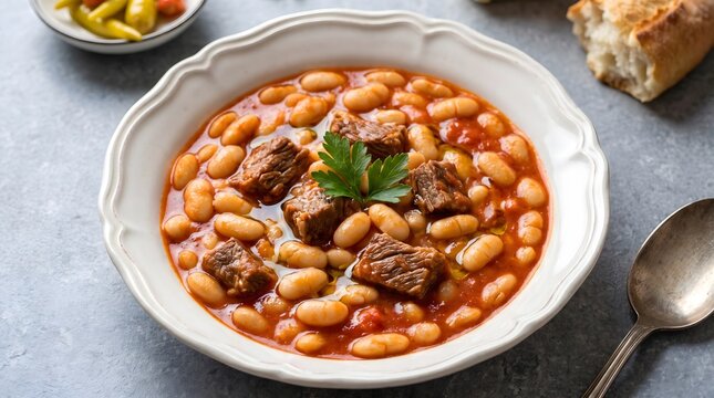 White bean stew with meat, Hearty beef and bean soup, Traditional Turkish kuru fasulye