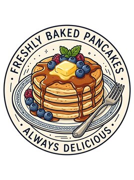 Freshly baked pancakes with syrup and berries in a retro badge style