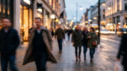 Fototapeta premium Blurred motion of people walking on a busy city street in london during the evening, with shop windows and street lights creating a bokeh effect in the background