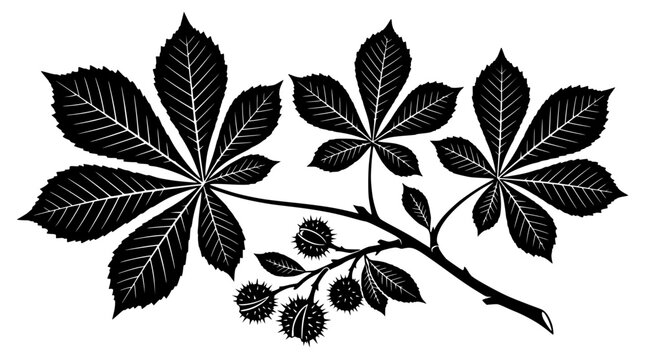 Black and White Silhouette of Horse Chestnut Leaves and Seed Pods Branch