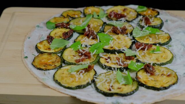 Hand arranging zucchini, caramelized onions, basil, and cheese on a flatbread pizza base during daytime cooking in a kitchen, Cooking location.