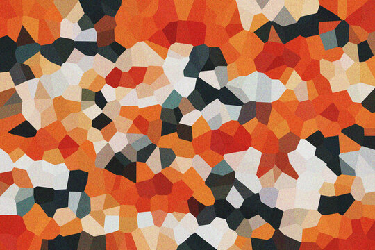 Intense abstract mosaic pattern displaying a striking blend of orange red black and white polygons