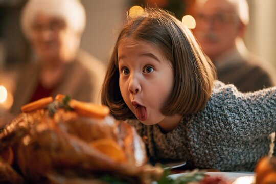 Excited Child Reacting to Golden Roast Turkey at Warm Family Thanksgiving Dinner with Grandparents in Soft Focus Background