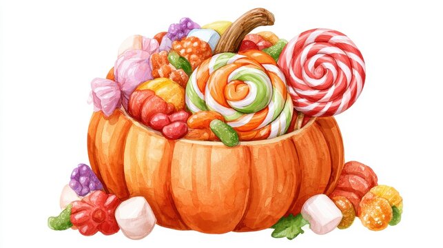 Orange gourd packed with sugary goodies swirl confection gumdrops berry chews marshmallow bites dessert assortment festive snack flat design front view thanksgiving theme water color colored pastel. 