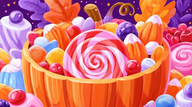Orange gourd packed with sugary goodies swirl confection gumdrops berry chews marshmallow bites dessert assortment festive snack flat design front view thanksgiving theme water color colored pastel. 