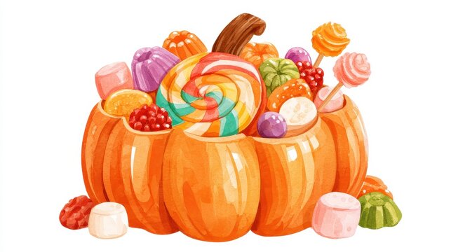 Orange gourd packed with sugary goodies swirl confection gumdrops berry chews marshmallow bites dessert assortment festive snack flat design front view thanksgiving theme water color colored pastel. 