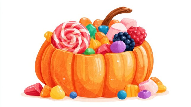 Orange gourd packed with sugary goodies swirl confection gumdrops berry chews marshmallow bites dessert assortment festive snack flat design front view thanksgiving theme water color colored pastel. 