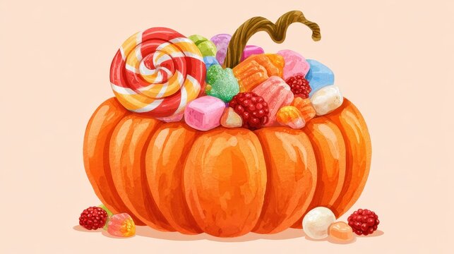 Orange gourd packed with sugary goodies swirl confection gumdrops berry chews marshmallow bites dessert assortment festive snack flat design front view thanksgiving theme water color colored pastel. 