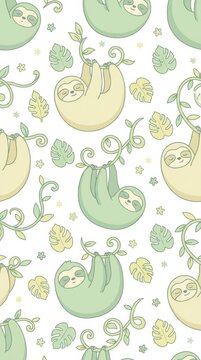 Whimsical design featuring sloths lounging in a vibrant tropical jungle surrounded by lush greenery and foliage