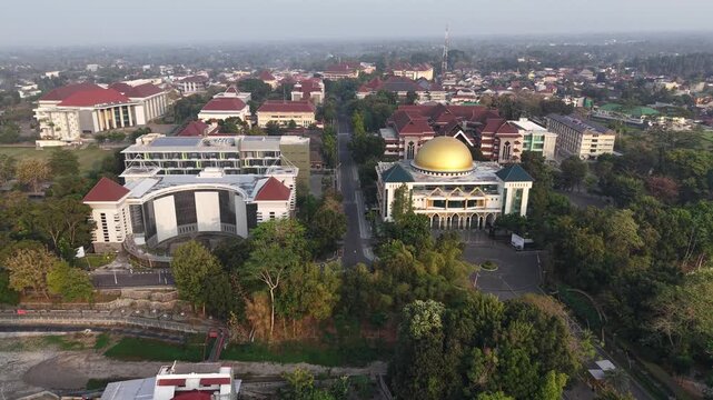 Morning aerial view of the integrated campus of the Islamic University of Indonesia, the first and oldest national private university in Indonesia located in Yogyakarta.