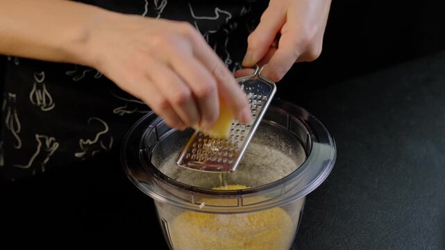 Close-up of adult hands grating yellow cheese into a clear bowl with flour mixture on a dark countertop in a kitchen, Cooking.