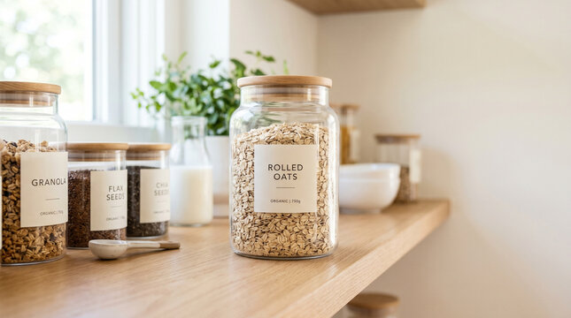 Glass jars filled with grains on wooden kitchen shelf  