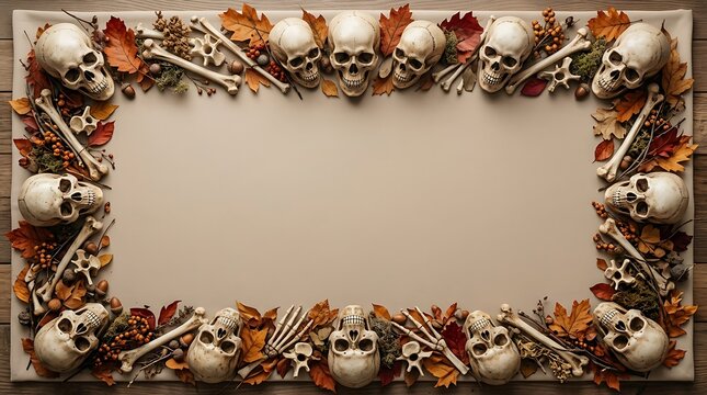 Top view of a spooky halloween background featuring a rectangular frame made of human skulls and dry autumn leaves