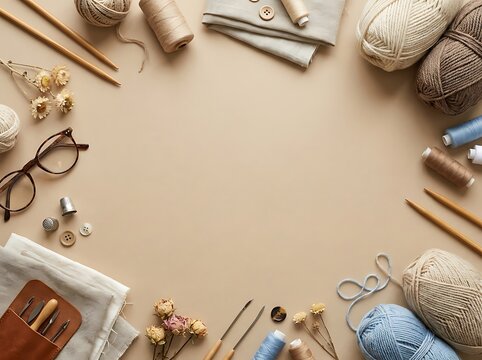 Flat lay of knitting and sewing supplies with yarn, needles, fabric, and dried flowers on a beige background