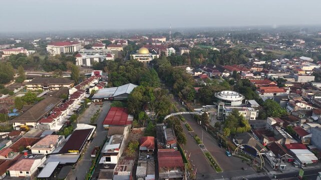 Morning aerial view of the integrated campus of the Islamic University of Indonesia, the first and oldest national private university in Indonesia located in Yogyakarta.