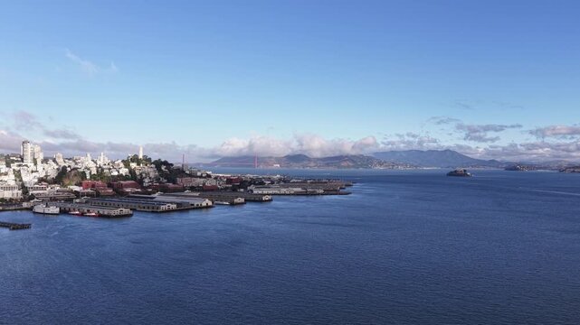 Panoramic Morning View Of San Francisco Skyline Along Embarcadero Waterfront In California, USA. Wide drone shot