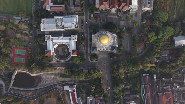 Morning aerial view of the integrated campus of the Islamic University of Indonesia, the first and oldest national private university in Indonesia located in Yogyakarta.