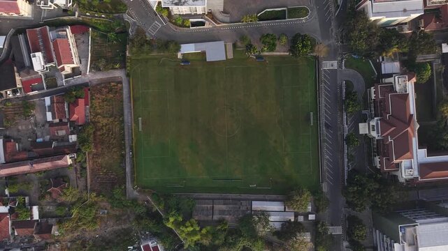 Morning aerial view of the football field of the integrated campus of the Islamic University of Indonesia, the first and oldest national private university in Indonesia located in Yogyakarta.