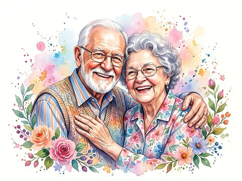 A heartwarming watercolor illustration of a happy elderly couple embracing, surrounded by vibrant flowers and soft colorful splashes isolated on white background