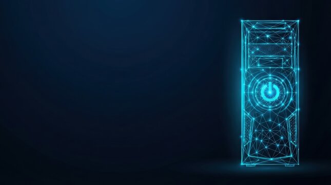 Illuminated 3D wireframe desktop computer tower with circuit lines, glowing power button, dark background. Studio lighting, isometric view, tech-focused mood for digital media use