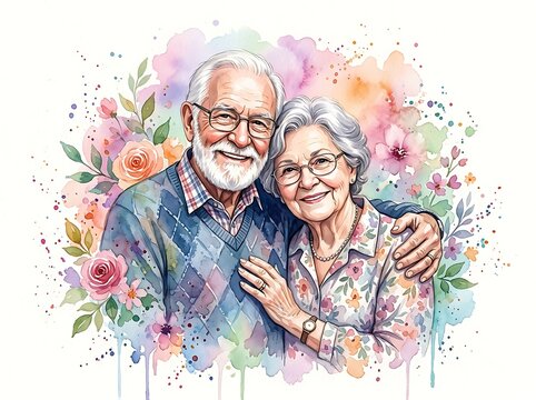 A beautiful watercolor illustration of a happy elderly couple embracing, surrounded by vibrant flowers and soft pastel splashes, isolated on white background