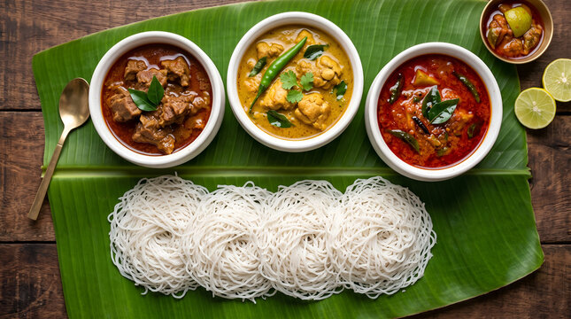 Traditional Idiyappam with Spicy Meat Curries Banana Leaf