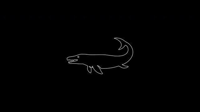Hand drawn mosasaurus swimming dinosaur animation appearing on screen