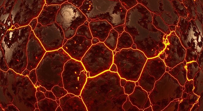 Molten magma surface texture with glowing orange cracks and dark volcanic rock formation abstract