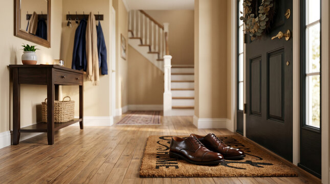 Welcoming entryway with wooden flooring and shoes on a doormat  