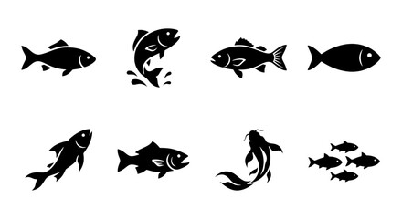 Obraz premium Fish Icons, Aquatic Life Silhouettes, Seafood Vector