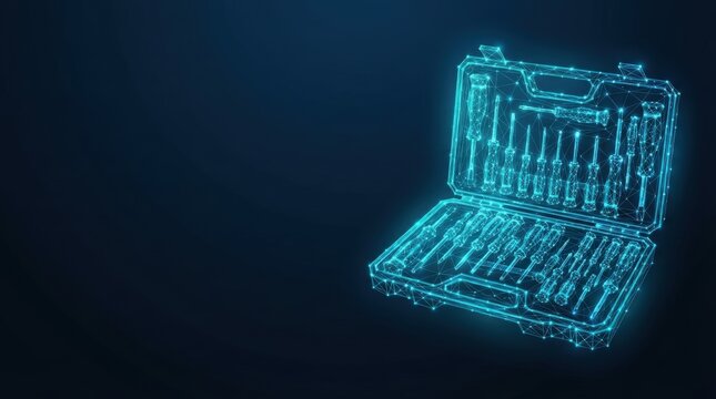Digital illustration of an open toolbox containing screwdrivers, highlighted with glowing blue light against a dark background. Studio lighting emphasizes tools for clarity and focus.