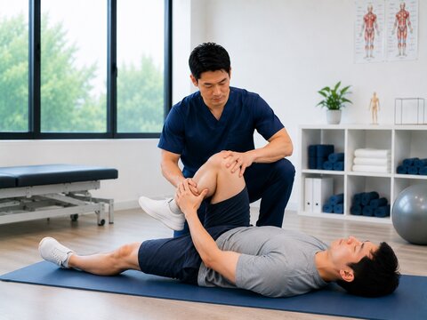 Physical therapist guiding hamstring stretching exercise for lower back rehabilitation