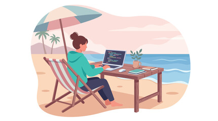 Obraz premium Woman working on laptop at beach, digital nomad lifestyle, remote work