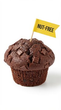 Chocolate muffin with nut free flag upright for food allergy awareness poster and package label photography
