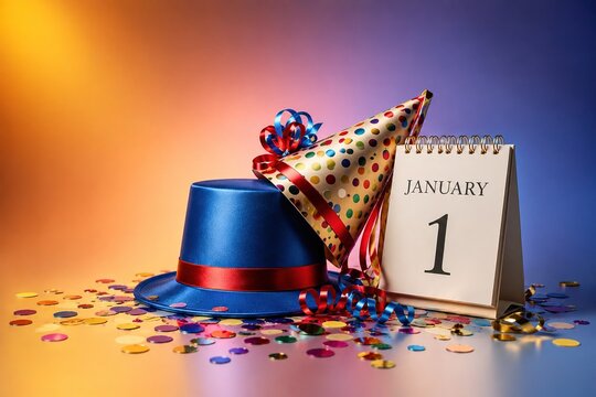 Festive new year arrangement featuring blue silk top hat and polka dot party cone with calendar displaying january first date over scattered multicolored confetti.