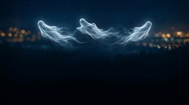 A spooky halloween background featuring three glowing ethereal ghosts floating across a dark night sky with soft blurred city lights