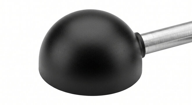 Extreme macro of a wind turbine anemometer cup. Aerodynamic black polymer hemispherical shell on an aluminum spoke, isolated on a white background.