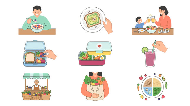 Healthy eating habits for all ages. People enjoy meals with smiles and calm focus. Lunchboxes, smoothies, and fresh produce shown. Ideal for nutrition, wellness, or family content