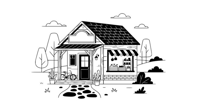 Charming Rural Storefront with Bicycle and Produce Display