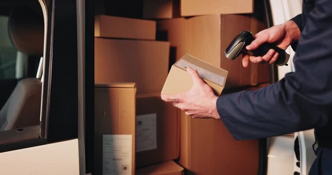 Scanner, boxes and hands of deliveryman by van for pricing, barcode or logistics information. Supply chain, cardboard package and employee with parcel for courier, distribution or cargo shipping.