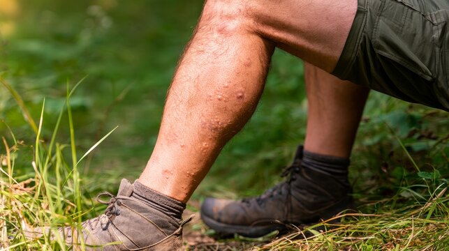 Close up of man leg with insect bites causing blisters and allergic reaction, showing skin irritation, swelling, discomfort, and medical concerns from sandfly bite exposure