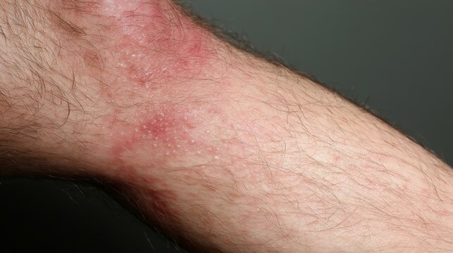 Close up of man leg with insect bites causing blisters and allergic reaction, showing skin irritation, swelling, discomfort, and medical concerns from sandfly bite exposure