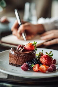 Individual chocolate cake with mixed berries and glossy ganache for world chocolate day cafe dessert plate and menu background