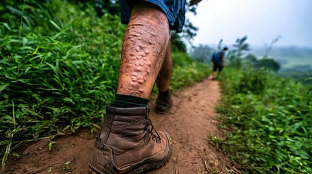 Close up of man leg with insect bites causing blisters and allergic reaction, showing skin irritation, swelling, discomfort, and medical concerns from sandfly bite exposure