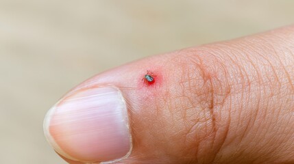 Fototapeta premium Close up of swollen red insect bite with blister on human hand against blurred beige background, showing allergic reaction, skin irritation, medical care, and healthcare awareness concepts