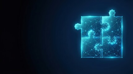 Obraz premium Studio-lit digital illustration of glowing puzzle pieces assembling into human silhouettes, viewed from above, evoking futuristic connectivity and unity.