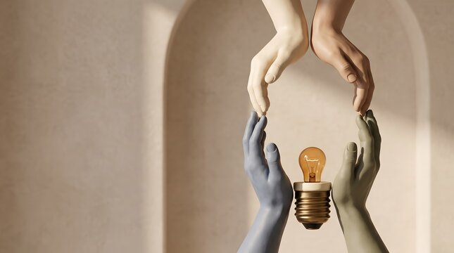 Idea generation and teamwork concept featuring hands gently cradling a glowing lightbulb