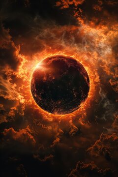 Vertical solar eclipse with burning corona and fiery cloudscape for dramatic mobile wallpaper and poster background design
